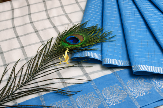 White Silver | Sky Blue - Half and Half Madurai Cotton Saree