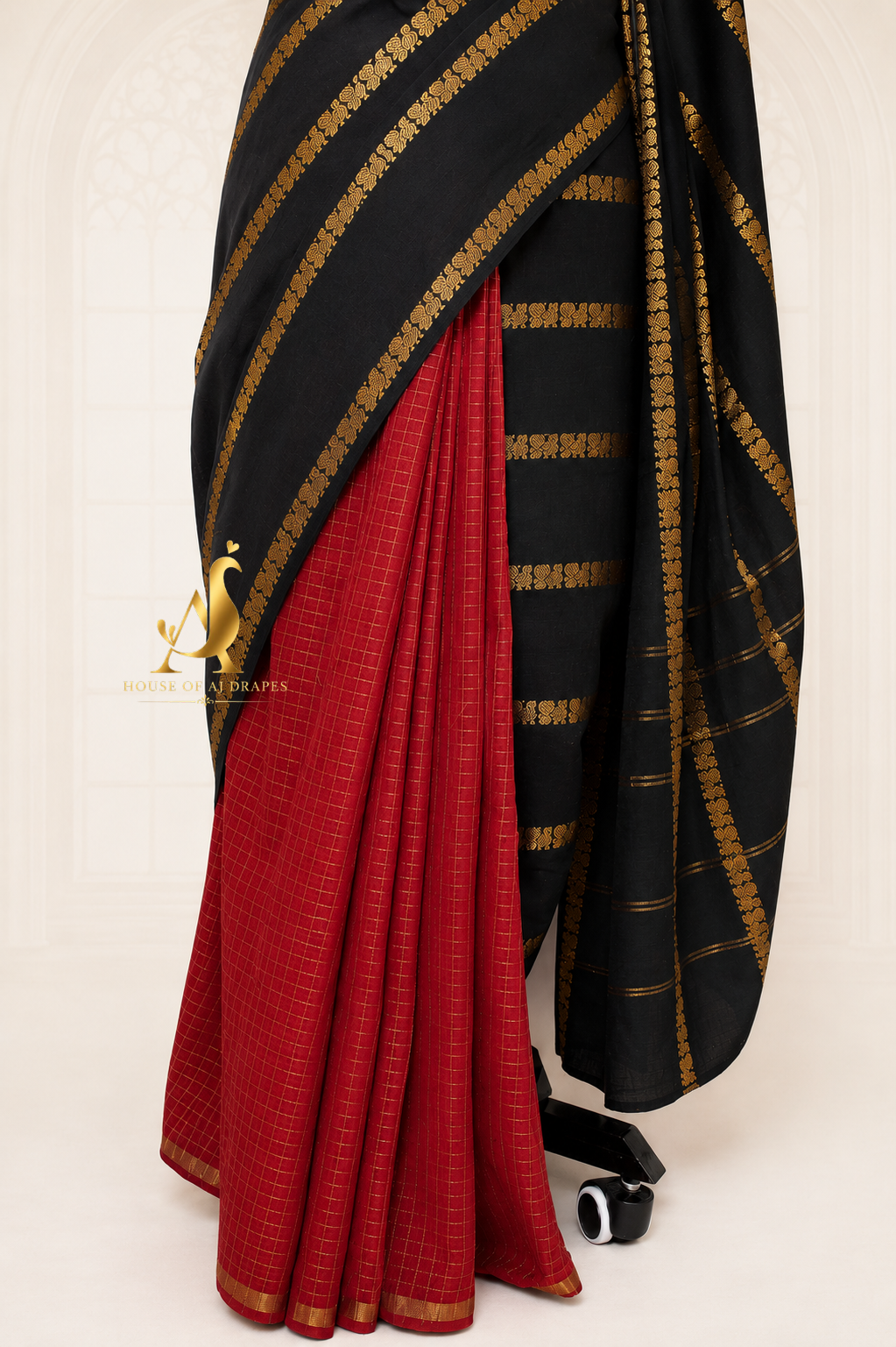 Red | Black - Half and Half Madurai Cotton Saree