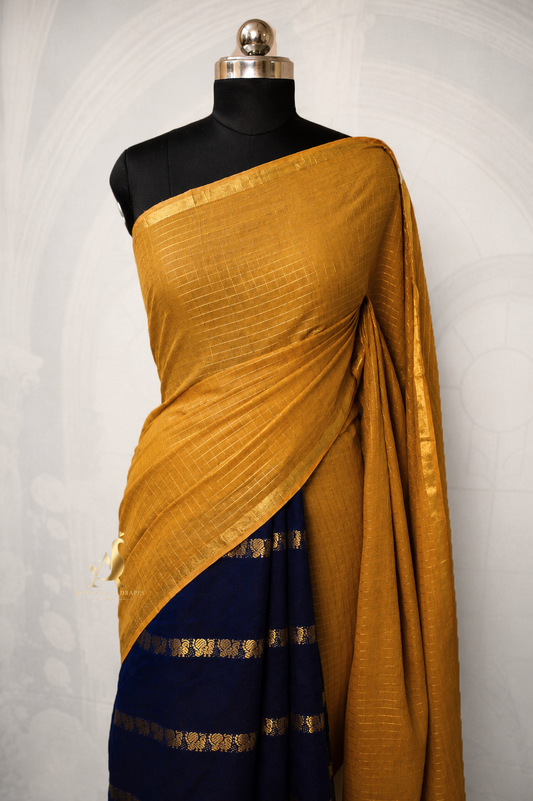 Mustard Yellow | Dark Blue - Half and Half Madurai Cotton Saree