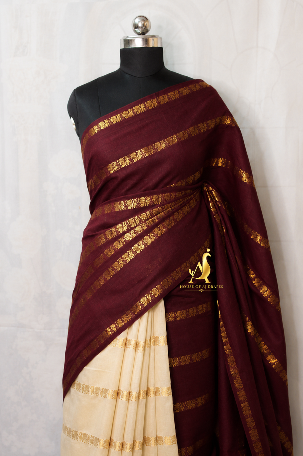 Maroon | Cream - Half and Half Madurai Cotton Saree