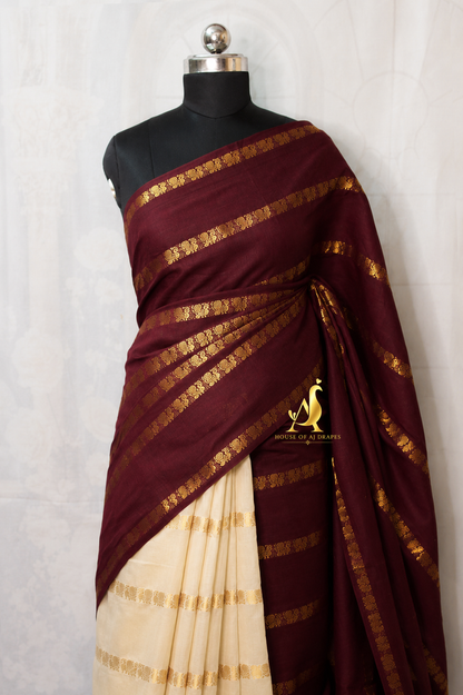 Maroon | Cream - Half and Half Madurai Cotton Saree