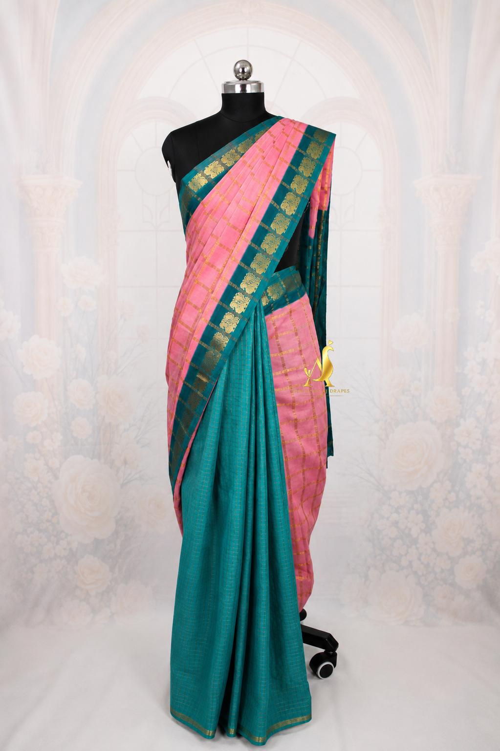 Rose Pink | Temple Green - Half and Half Madurai Cotton Saree