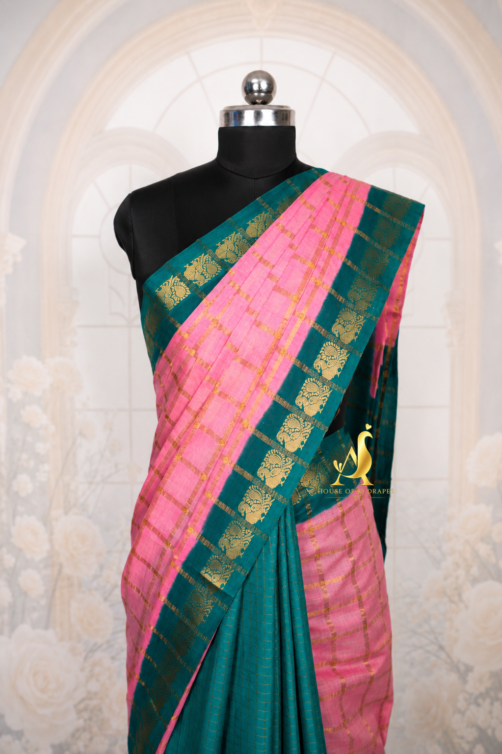Rose Pink | Temple Green - Half and Half Madurai Cotton Saree