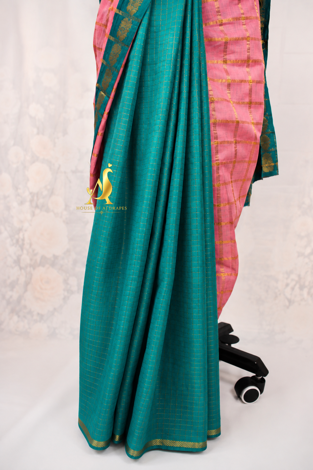 Rose Pink | Temple Green - Half and Half Madurai Cotton Saree