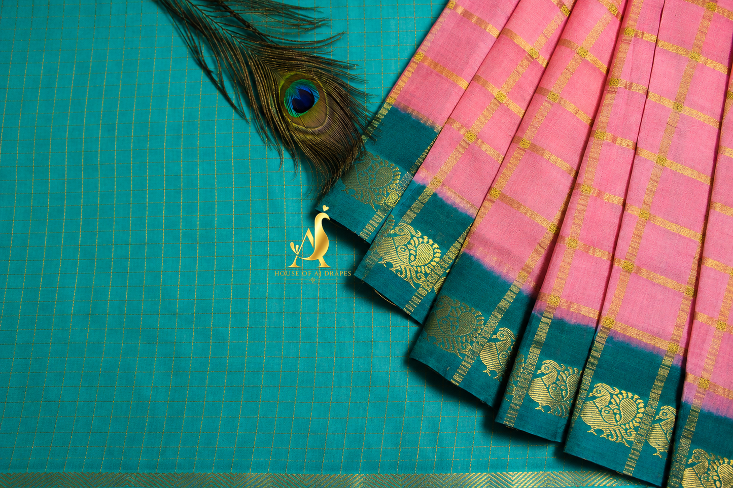 Rose Pink | Temple Green - Half and Half Madurai Cotton Saree