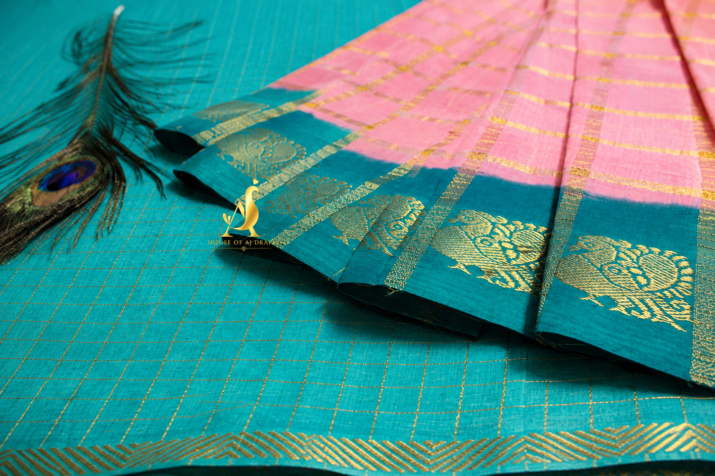 Rose Pink | Temple Green - Half and Half Madurai Cotton Saree