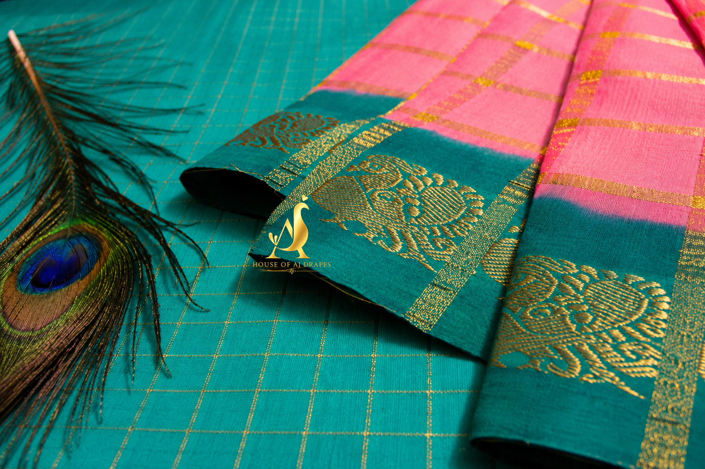 Rose Pink | Temple Green - Half and Half Madurai Cotton Saree