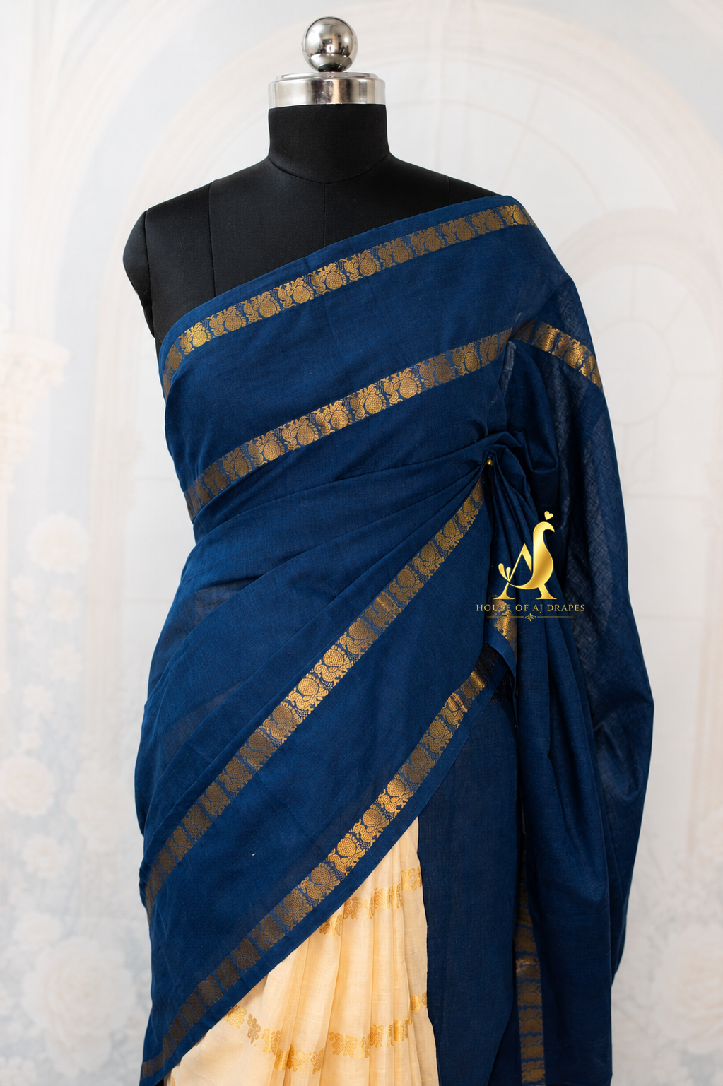 Rama blue | Ivory -Half and Half Madurai Cotton Saree