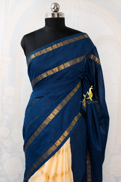 Rama blue | Ivory -Half and Half Madurai Cotton Saree