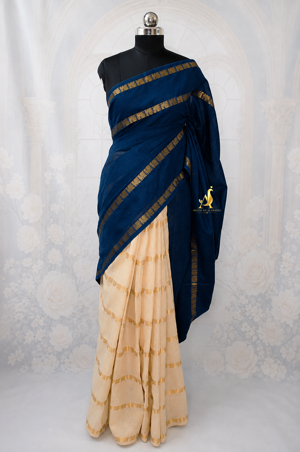 Rama blue | Ivory -Half and Half Madurai Cotton Saree