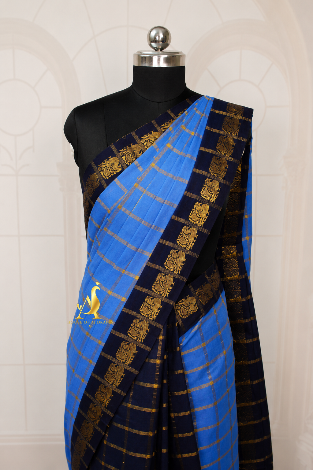 Blue | Navy Blue - Half and Half Madurai Cotton Saree