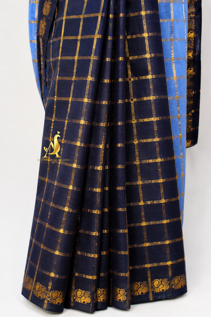 Blue | Navy Blue - Half and Half Madurai Cotton Saree