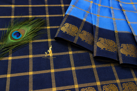 Blue | Navy Blue - Half and Half Madurai Cotton Saree
