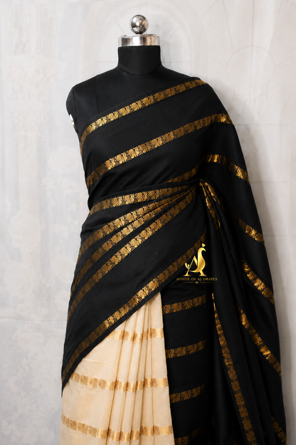 Black | Cream - Half and Half Madurai Cotton Saree
