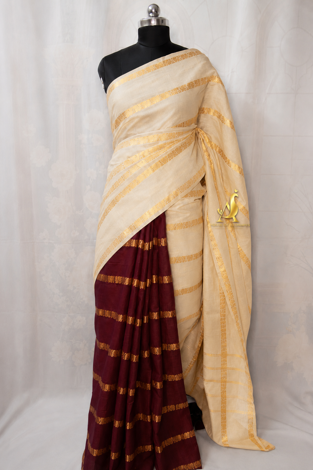Ivory | Maroon - Half and Half Madurai Cotton Saree