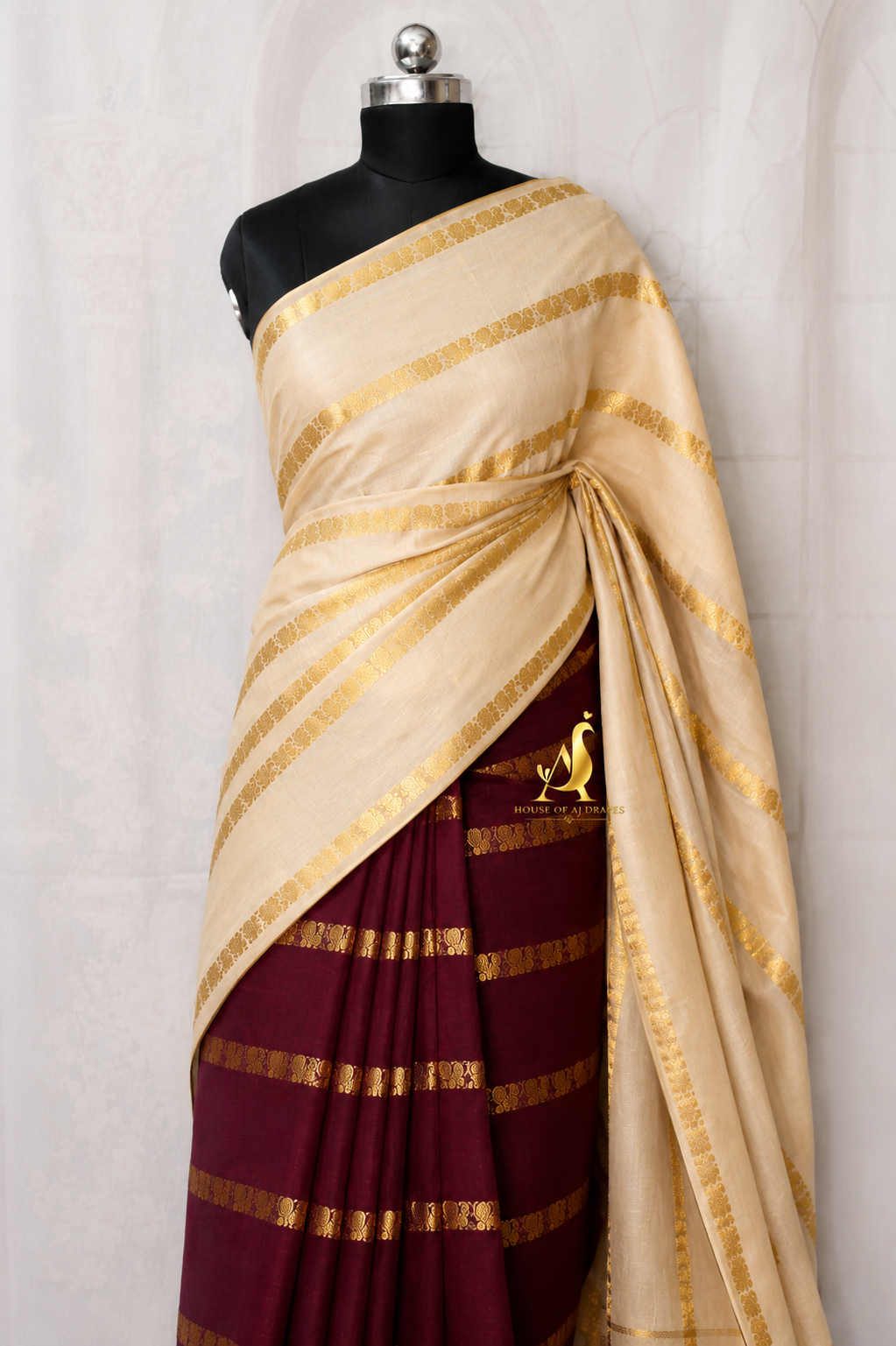 Ivory | Maroon - Half and Half Madurai Cotton Saree
