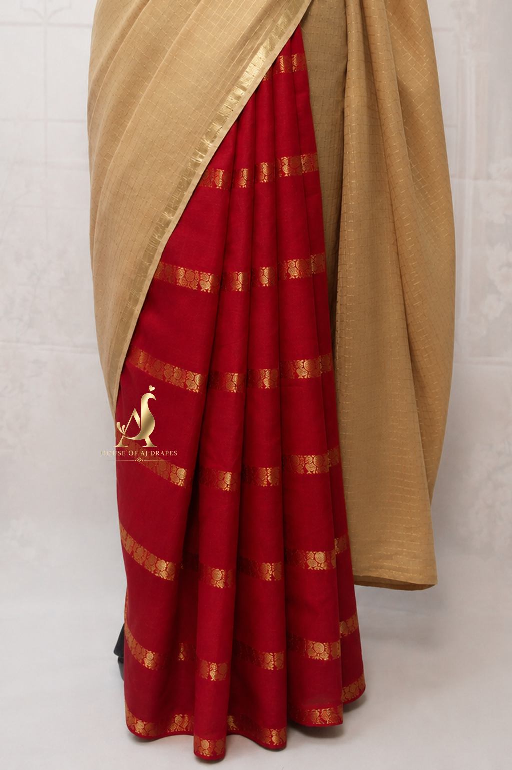 Gold | Red - Half and Half Madurai Cotton Saree