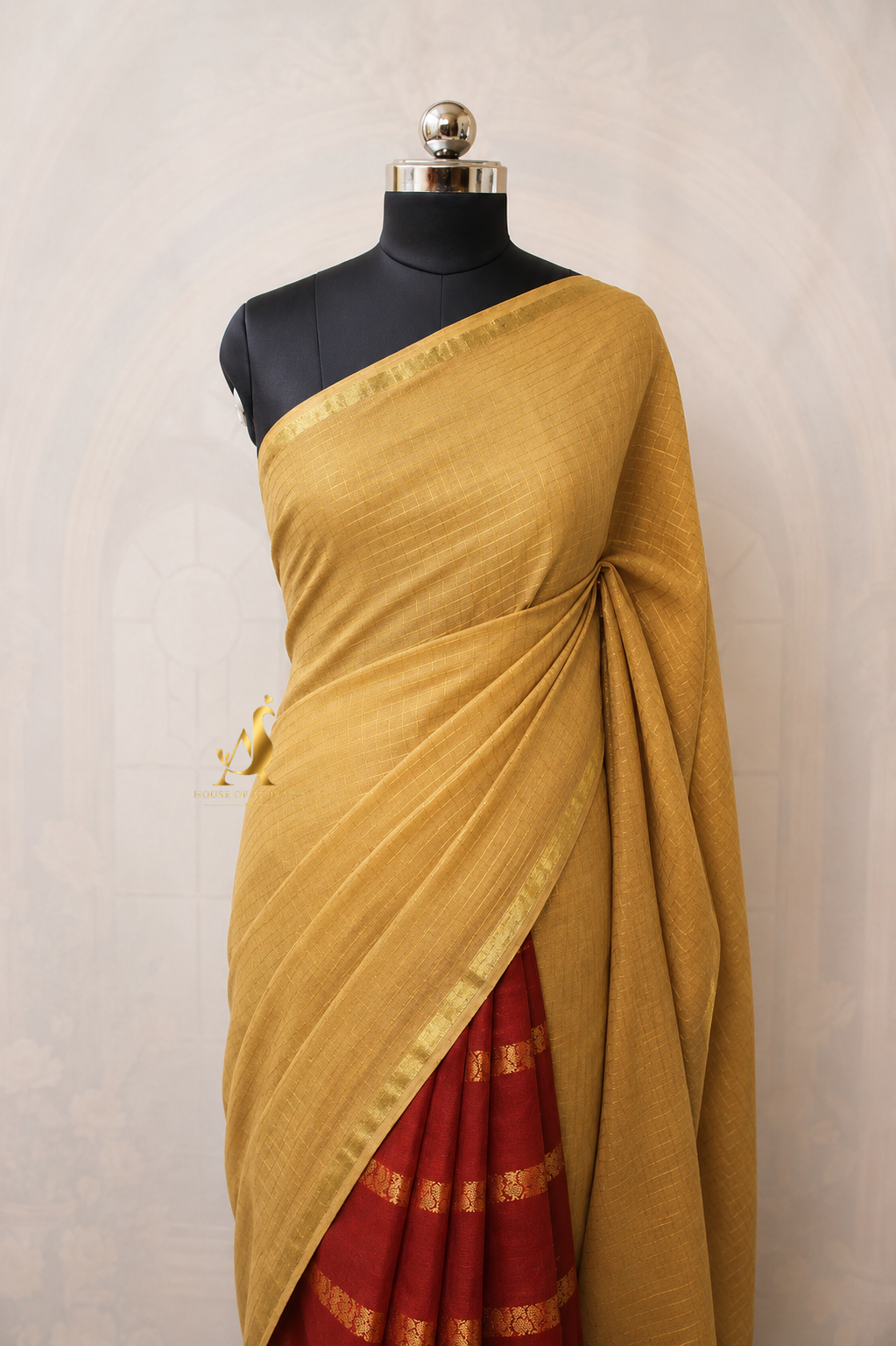 Gold | Red - Half and Half Madurai Cotton Saree