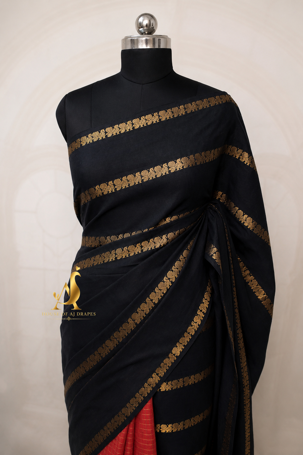 Black | Red - Half and Half Madurai Cotton Saree