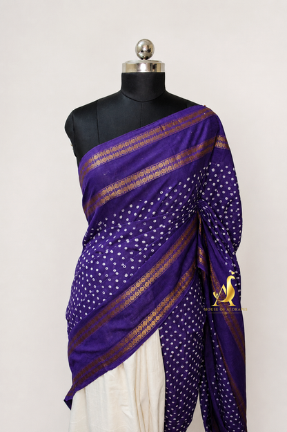 Purple | White -Half & Half Madurai Cotton x Madurai Sungudi Hand-Painted Saree
