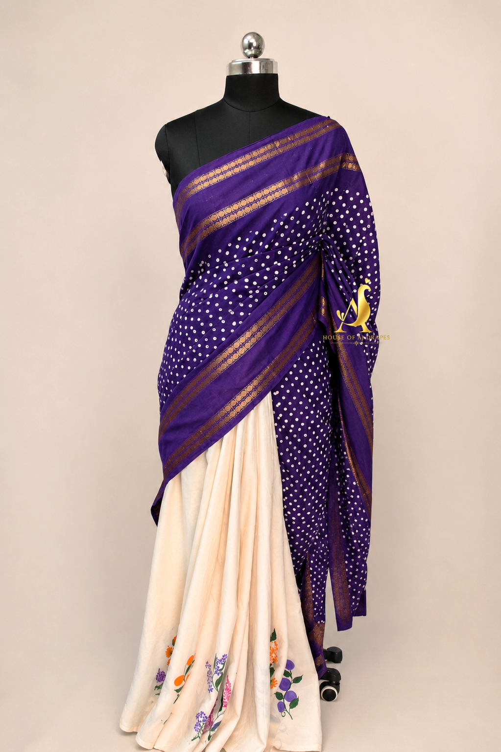 Purple | White -Half & Half Madurai Cotton x Madurai Sungudi Hand-Painted Saree