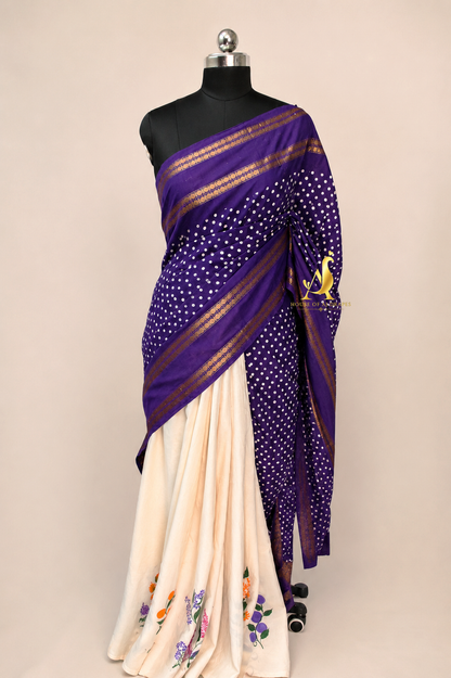 Purple | White -Half & Half Madurai Cotton x Madurai Sungudi Hand-Painted Saree