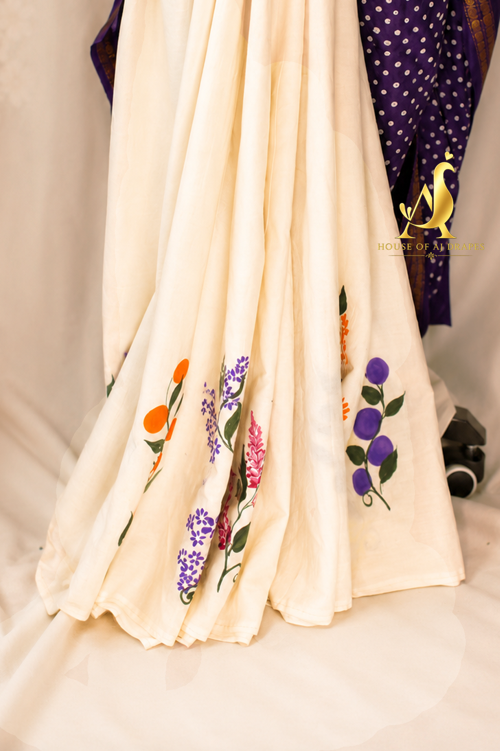 Purple | White -Half & Half Madurai Cotton x Madurai Sungudi Hand-Painted Saree