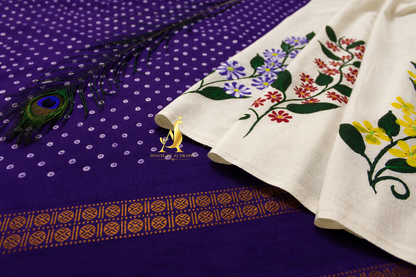 Purple | White -Half & Half Madurai Cotton x Madurai Sungudi Hand-Painted Saree