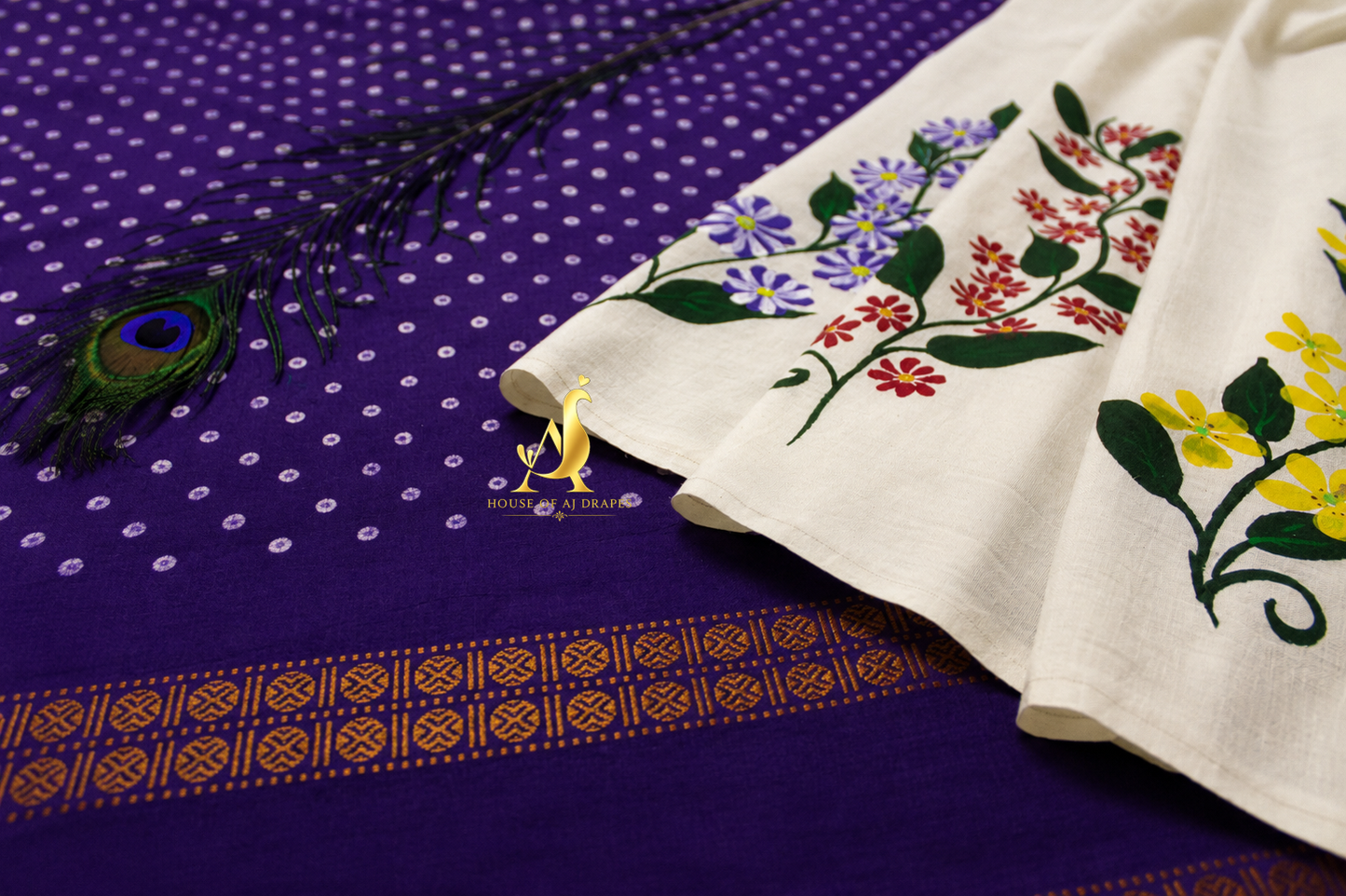 White | Purple -Half & Half Madurai Sungudi x Hand-Painted Saree