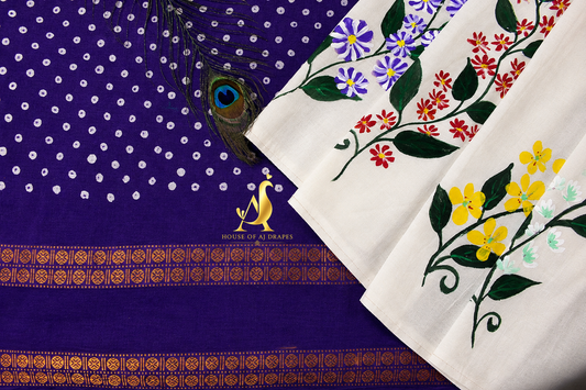 Purple | White -Half & Half Madurai Cotton x Madurai Sungudi Hand-Painted Saree