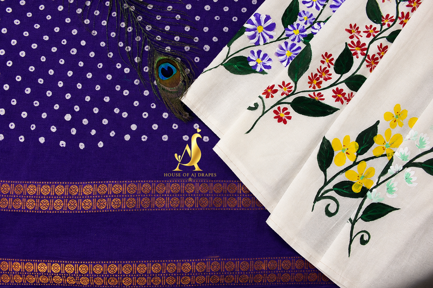 White | Purple -Half & Half Madurai Sungudi x Hand-Painted Saree