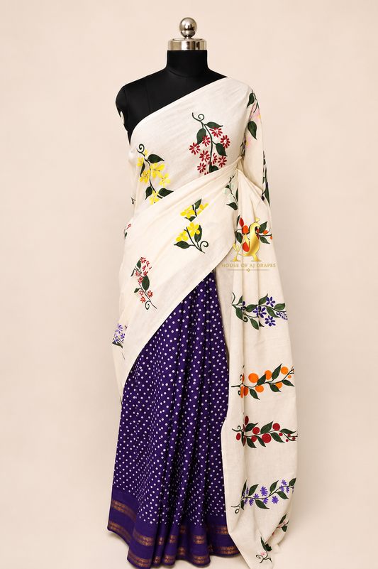 White | Purple -Half & Half Madurai Sungudi x Hand-Painted Saree