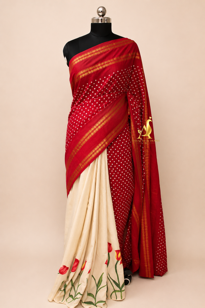 Red | Cream -Half & Half Madurai Sungudi x Hand-Painted Saree