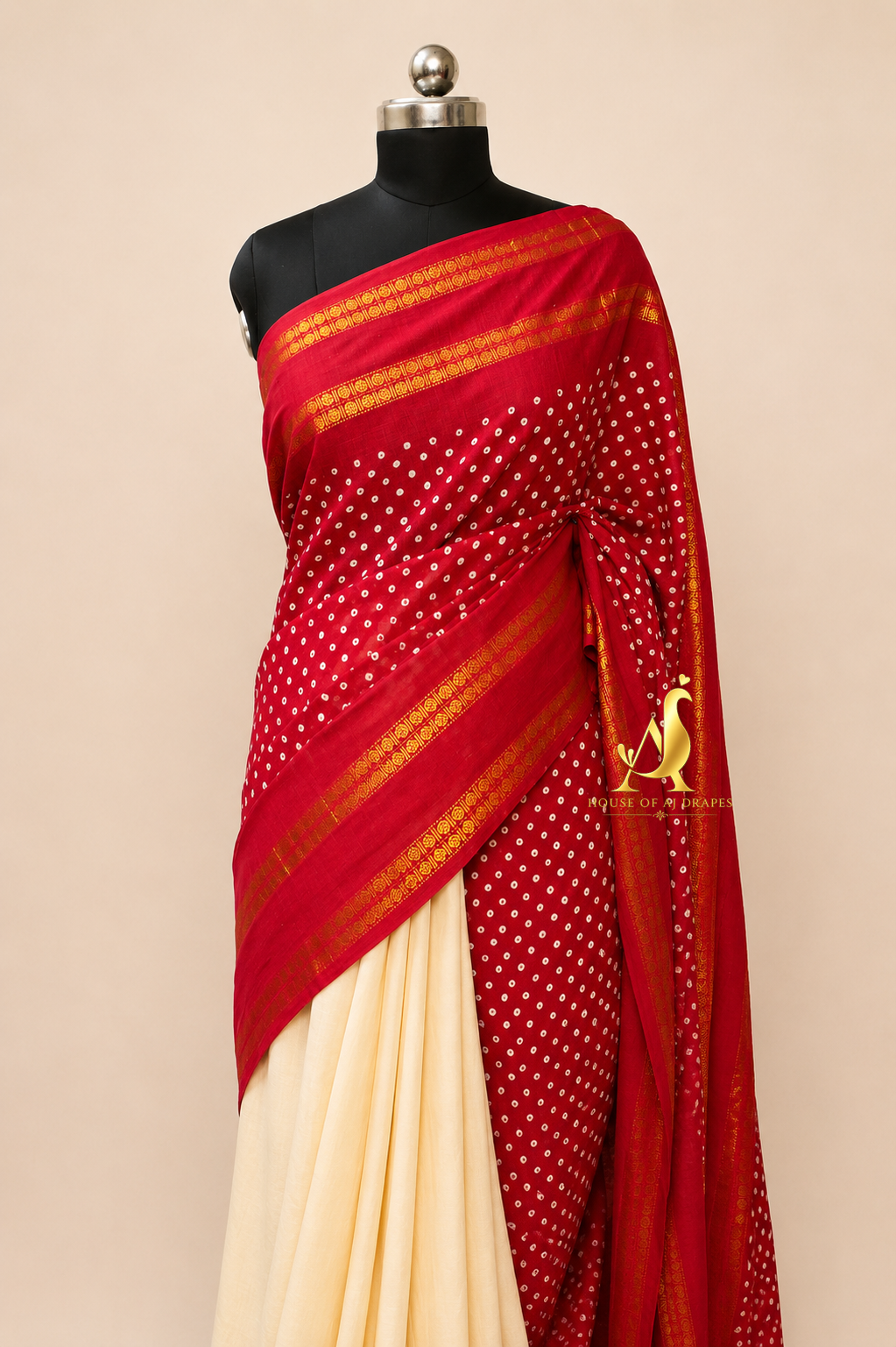 Red | Cream -Half & Half Madurai Sungudi x Hand-Painted Saree