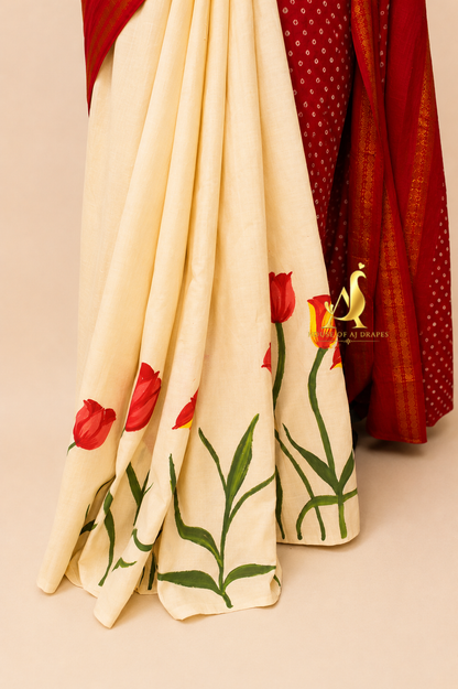 Red | Cream -Half & Half Madurai Sungudi x Hand-Painted Saree
