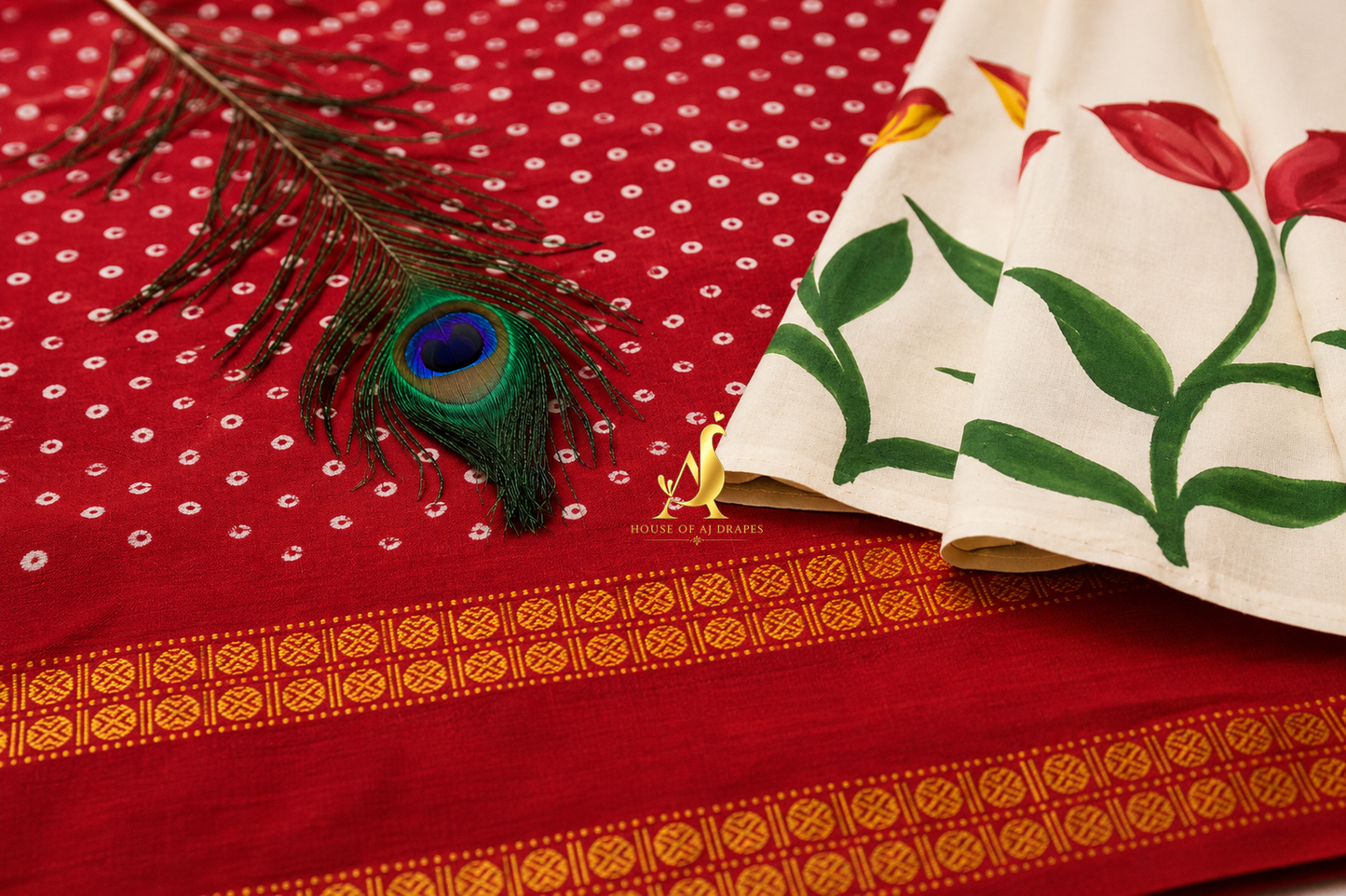Cream & Red -Half & Half Madurai Sungudi x Hand-Painted Saree