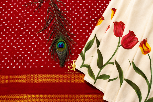 Red | Cream -Half & Half Madurai Sungudi x Hand-Painted Saree