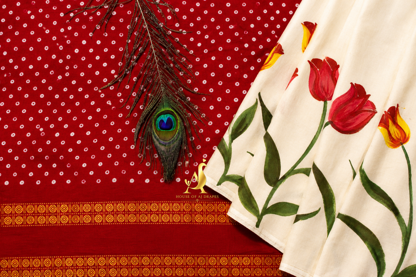 Cream & Red -Half & Half Madurai Sungudi x Hand-Painted Saree
