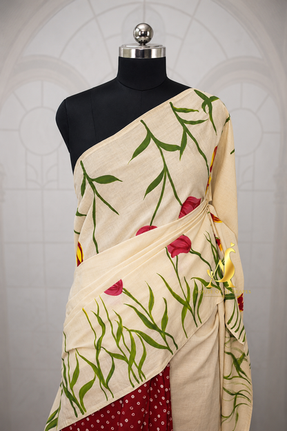 Cream & Red -Half & Half Madurai Sungudi x Hand-Painted Saree