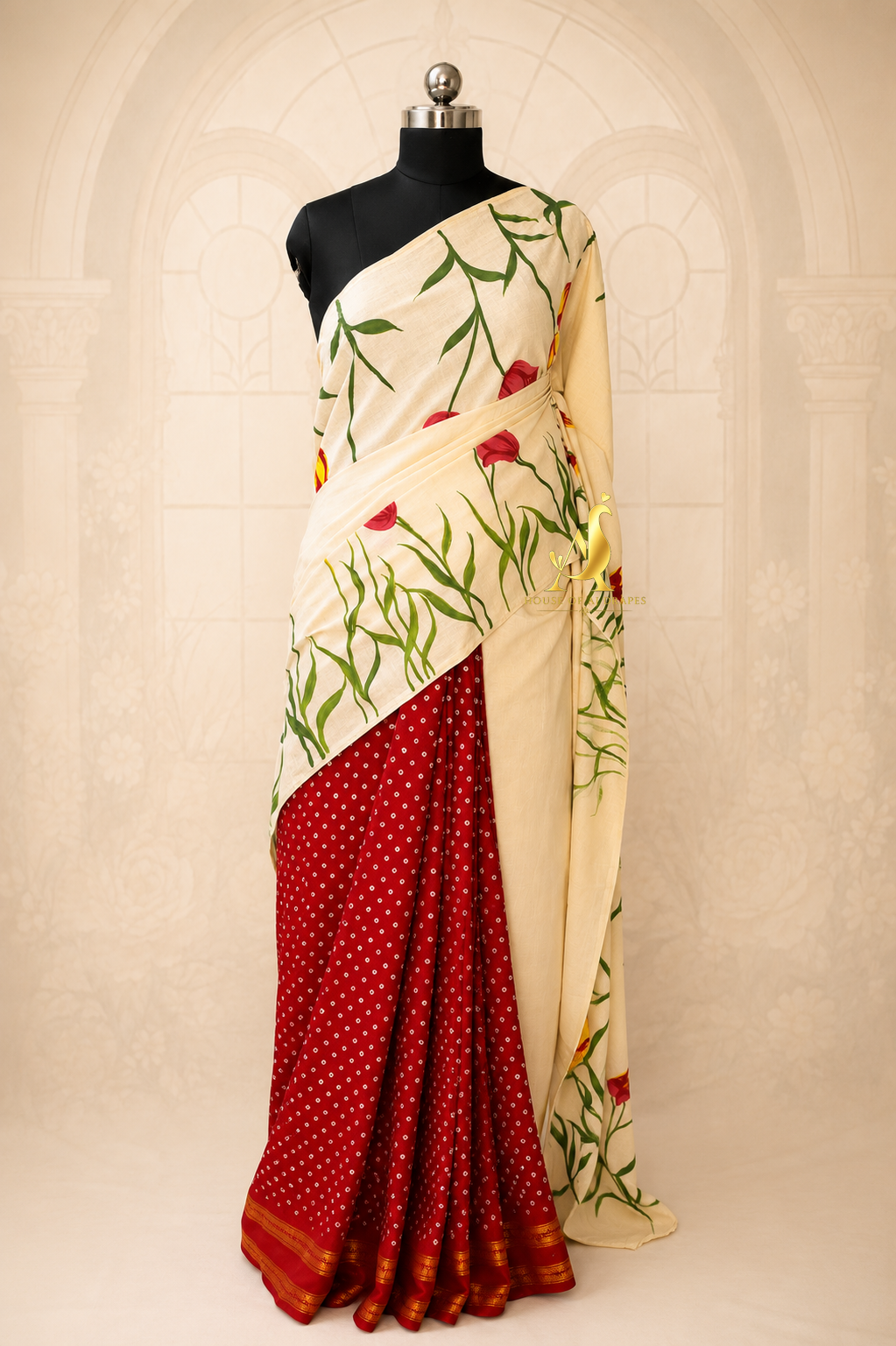 Cream & Red -Half & Half Madurai Sungudi x Hand-Painted Saree