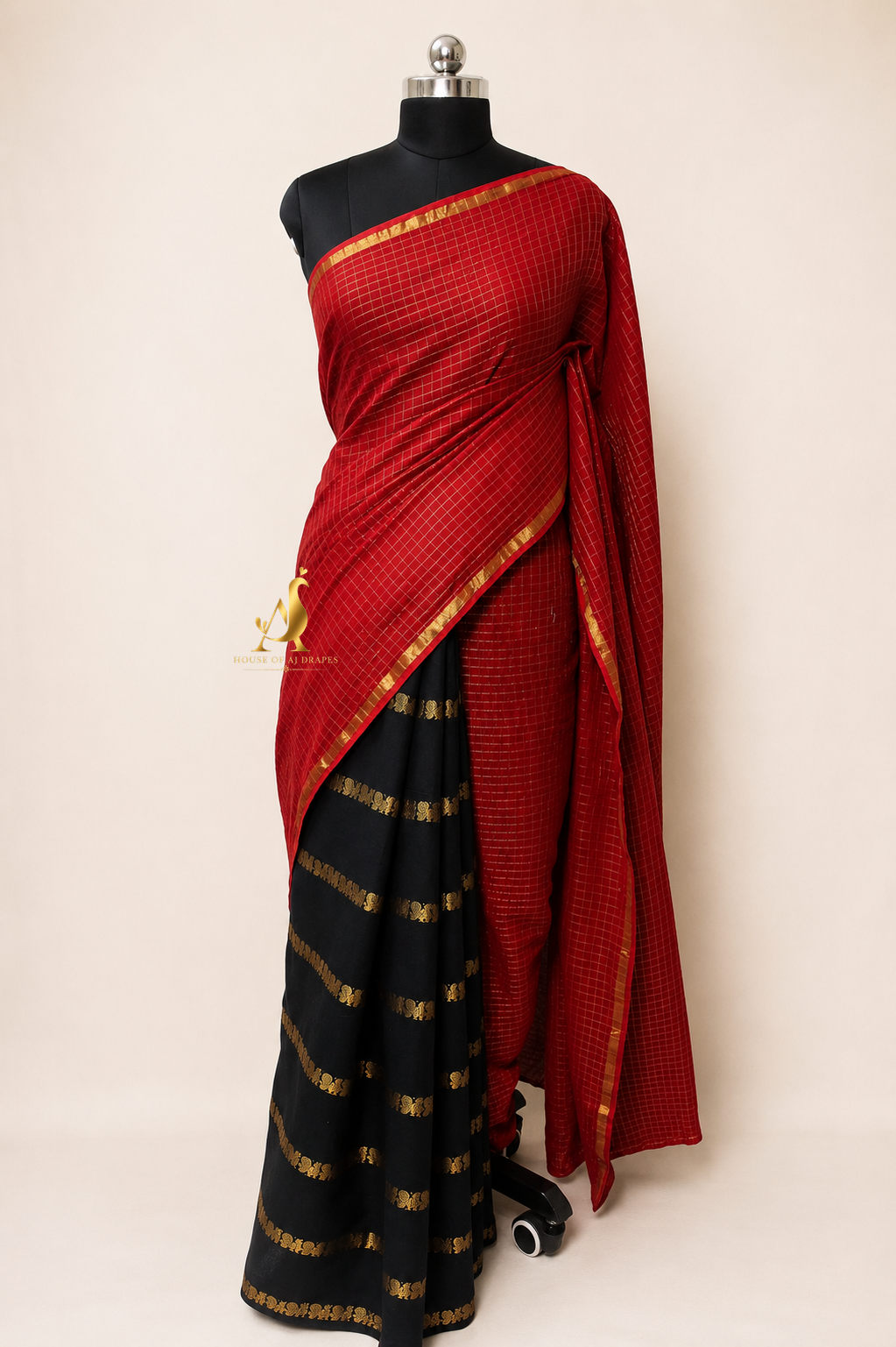Red | Black - Half and Half Madurai Cotton Saree