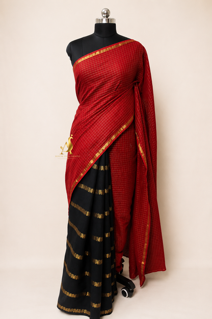 Red | Black - Half and Half Madurai Cotton Saree