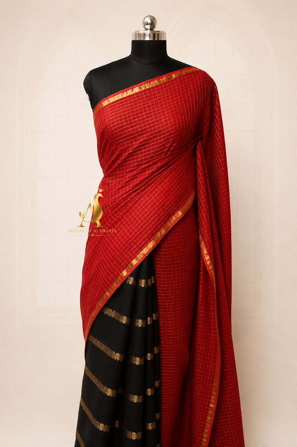 Red | Black - Half and Half Madurai Cotton Saree