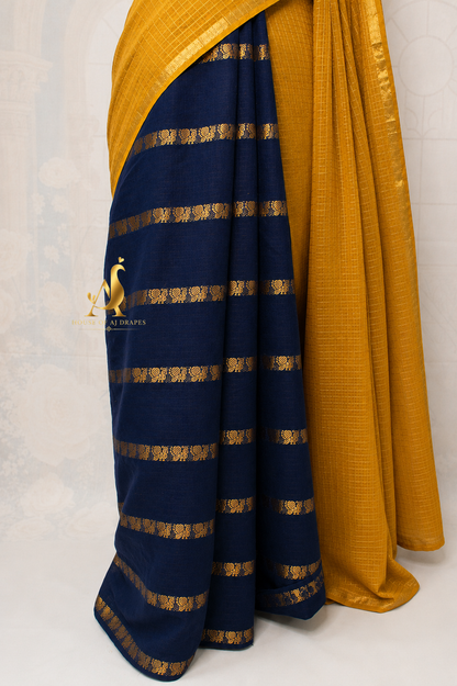 Mustard Yellow | Dark Blue - Half and Half Madurai Cotton Saree