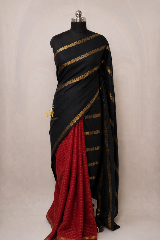 Black | Red - Half and Half Madurai Cotton Saree