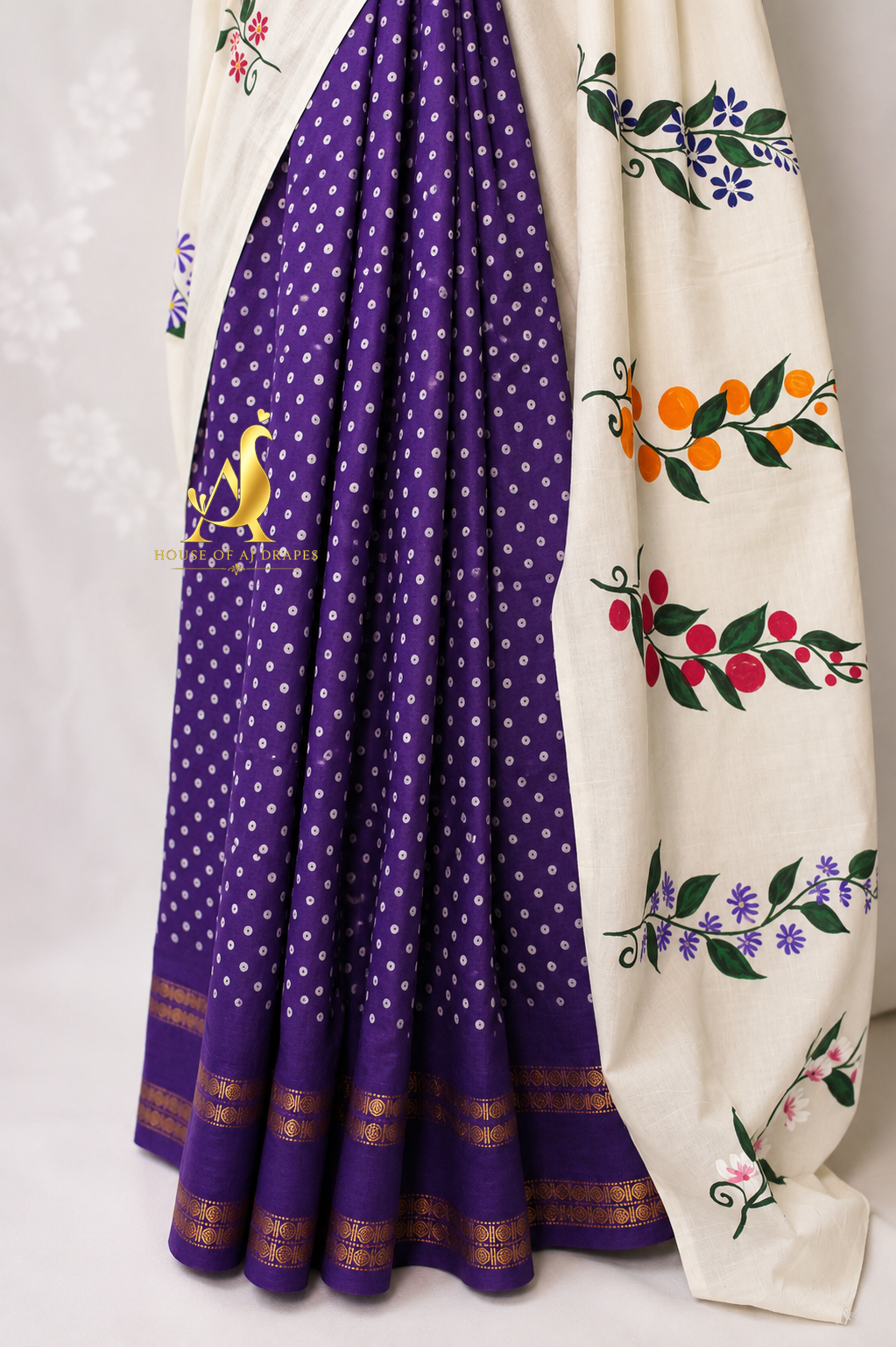 White | Purple -Half & Half Madurai Sungudi x Hand-Painted Saree