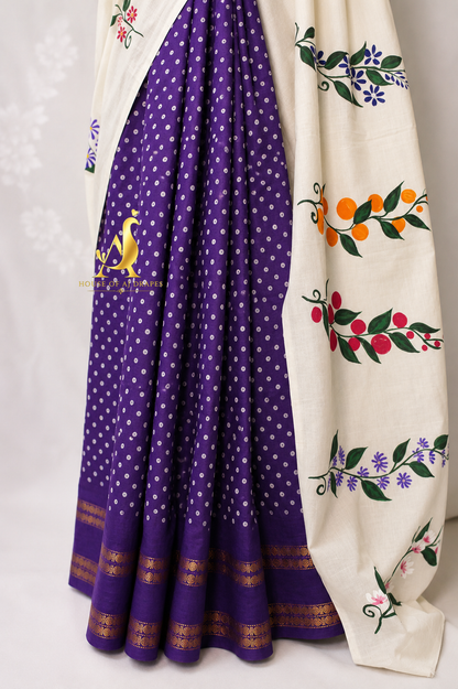 White | Purple -Half & Half Madurai Sungudi x Hand-Painted Saree