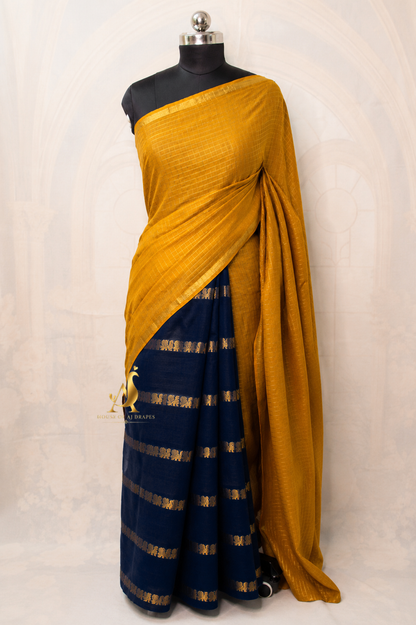 Mustard Yellow | Dark Blue - Half and Half Madurai Cotton Saree