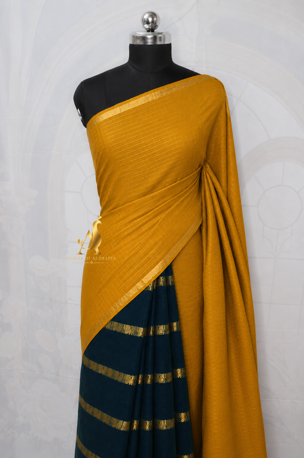 Mustard yellow | Green - Half and Half Madurai Cotton Saree