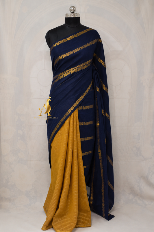 Dark Blue | Mustard Yellow - Half and Half Madurai Cotton Saree